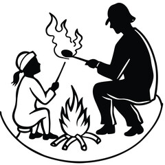 Father and daughter roasting marshmallows by campfire silhouette