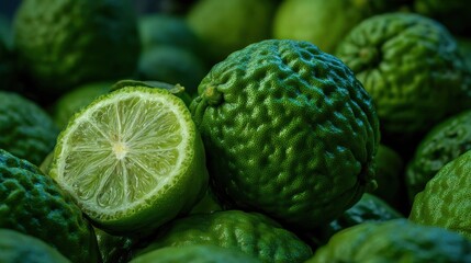 Fototapeta premium Fresh and vibrant bergamot fruit, one cut open to reveal its refreshing citrusy interior. The fruits are a vivid green, showcasing the natural beauty of the harvest.