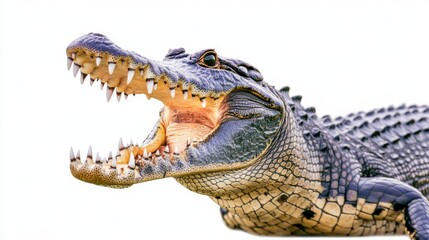 A close-up of a crocodile with its mouth open revealing its sharp teeth, showcasing the raw power of the animal