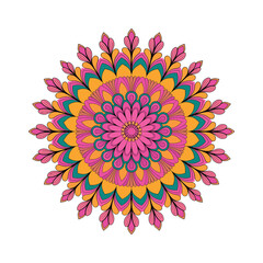 Colorful Mandala Design with Floral Patterns, Vector Illustration in Pink, Orange, Yellow, and Green.