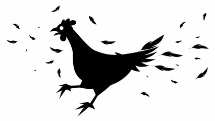 Silhouette of a chicken running frantically with feathers flying around it on a white background design