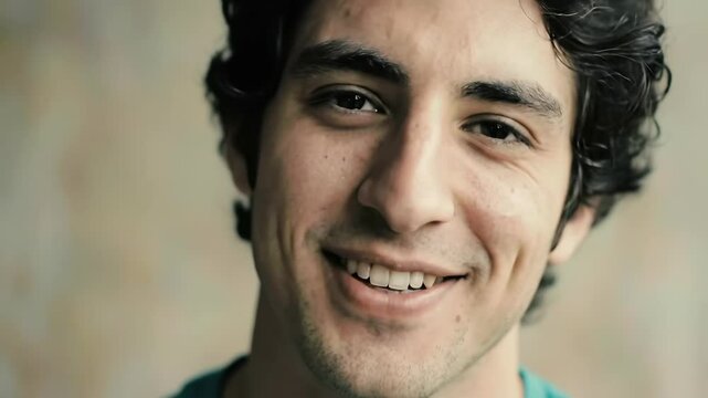 Close-up portrait of a smiling young man with dark curly hair