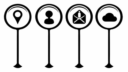 Four black and white icons representing location, user, email, and cloud on white background