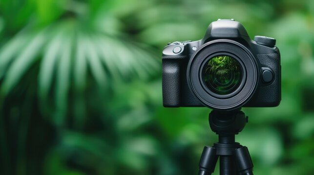 Professional camera mounted on a tripod is ready to capture stunning wildlife photography in a vibrant jungle setting