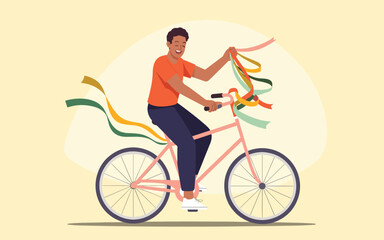 Fototapeta premium Joyful Cyclist Riding Bicycle with Colorful Ribbons