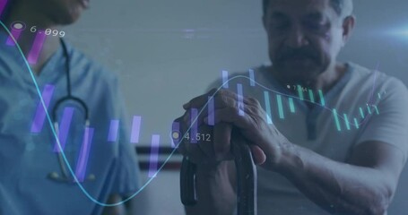 Patient gripping walker handle and animating health charts while nurse guiding grip steadily - Powered by Adobe