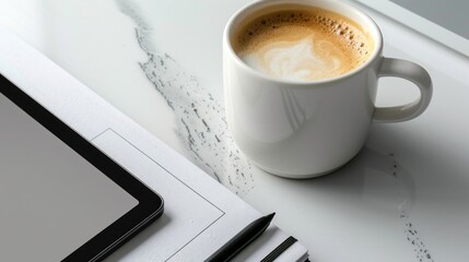 Minimalist Workspace Scene Featuring Latte, Tablet, Notebook, and Stylus on Marble Background in Clean White Tone.