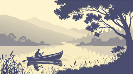 Serene Lakeside Solitude: Man Rowing Boat at Dawn, Calm Water, Misty Mountains, Silhouette Style, Peaceful Atmosphere, Tranquil Nature Scene, Vector Illustration.