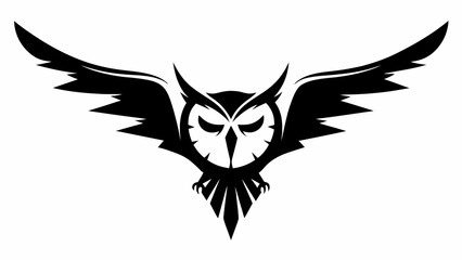 Illustration of a stylized owl with wide spread wings in black and white color scheme design graphic
