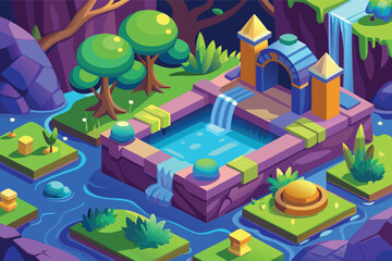 Fantasy isometric island with castle and waterfall