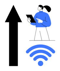 Person holding tablet with wireless icon and upward arrow symbolizing progress, technology, and connection. Ideal for innovation, growth, remote work, digital transformation, communication, learning
