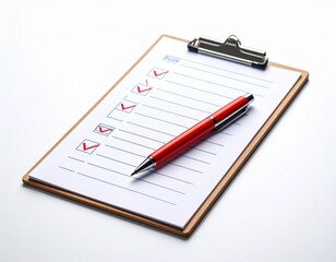Completed Checklist with Red Pen on a Clipboard Against White Background