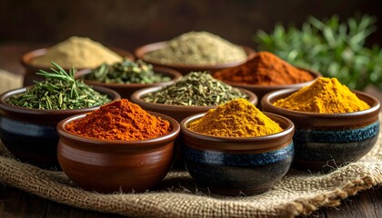 Selection of Aromatic Ground Spices and Herbs in Traditional Clay Dishes