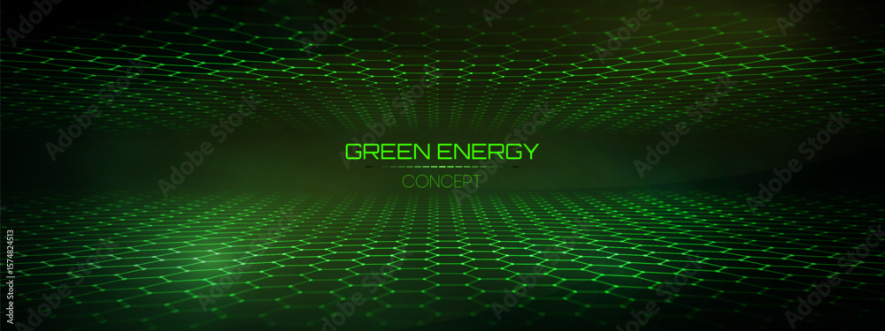 Poster hexagon pattern net with green abstract technology background and digital texture. futuristic honeyc