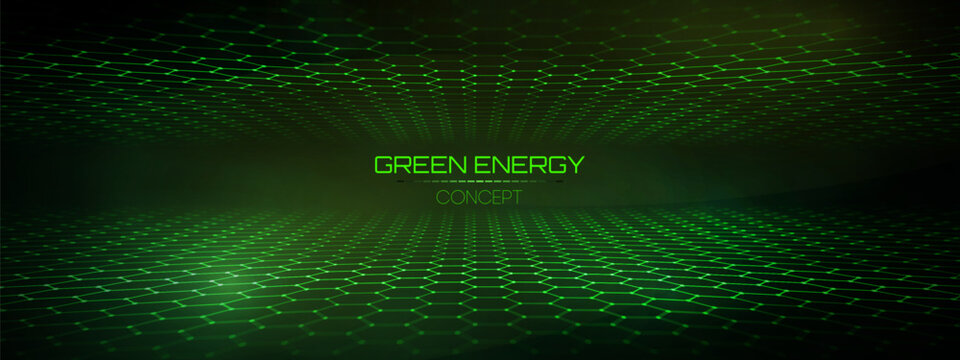 Hexagon pattern net with green abstract technology background and digital texture. Futuristic honeycomb concept for medical, 3D network energy applications. Modern tech design featuring turquoise hex.