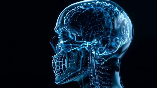 A 3D medical illustration showing a lateral view of the human head, with a transparent skull revealing the detailed structure of the brain and cervical spine.


