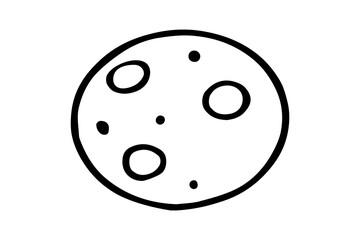 The image depicts a simple black and white sketch of a round celestial body, resembling the Moon or an asteroid.