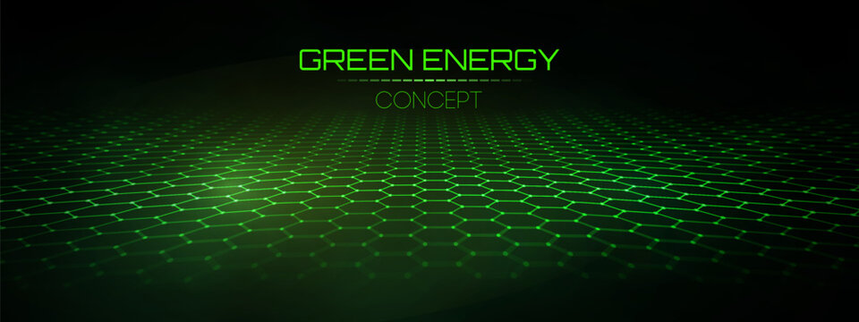 Green hexagon net pattern background with abstract technology texture and digital light effects. Futuristic honeycomb science concept, medical or 3D network designs. Geometric vector grid energy wave.