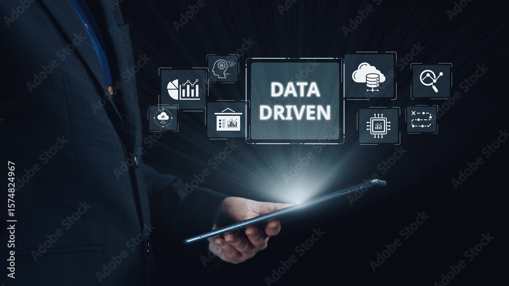 Poster data-driven decision-making empowers business through analytics, datum collection, and ai systems. d