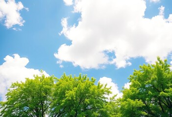 Obraz premium Summer sky, vibrant green tree canopy against fluffy white clouds, background, tree
