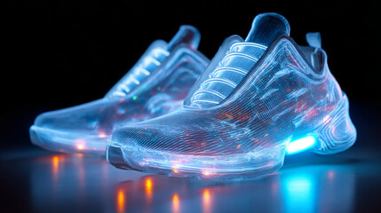 Futuristic glowing sneakers with transparent body and neon circuits, symbolizing tech fashion and cyberpunk identity