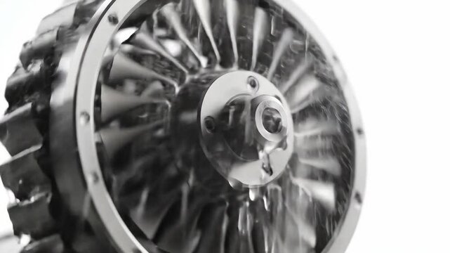 Shiny metal impeller with water droplets closeup on a white background