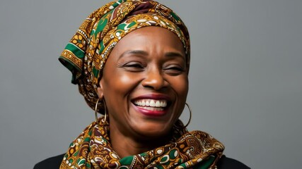 Joyful African Woman in Headwrap and Scarf - A portrait of a smiling Black woman wearing a vibrant patterned headwrap and matching scarf. - Powered by Adobe