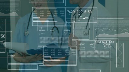 Nurse flipping chart and doctor pointing appearing data panels in hospital analyzing patient data - Powered by Adobe