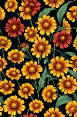 Helenium on black background cartoonish seamless pattern