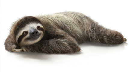 Fototapeta premium Realistic sloth lounging peacefully on its side against a clean white background in exquisite detail and vibrant colors
