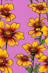 Helenium on pink background cartoonish seamless pattern