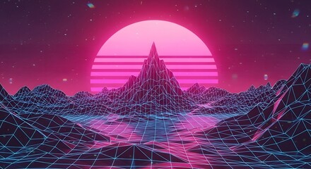 Retro Synthwave Landscape, An 80s-Inspired Digital Art Scene with Neon Lines and Mountain Peaks