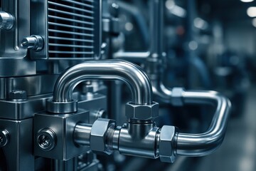 Obraz premium Metallic Precision: Industrial machinery, a close-up capturing the intricate system of pipes and components. Explore the design, textures.