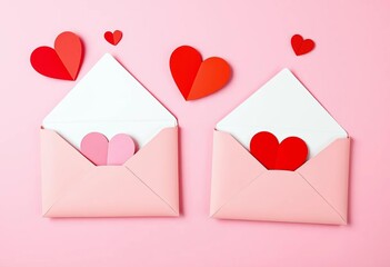 Two envelopes, red and white, adorned with paper hearts against a pink backdrop,  celebration,  romantic