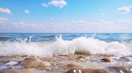 Fototapeta premium Foamy waves crash on a sandy shore, with a clear sky above