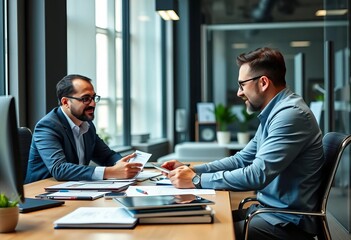Two diverse executives brainstorm at modern office desk, meeting, growth