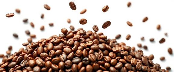 Close-up of roasted coffee beans mid-air against a bright white background,  organic,  dark
