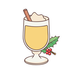 Festive eggnog with cinnamon stick and holly berry decoration