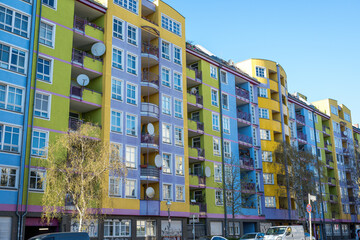 Colorful multifamily residential buildings seen in Berlin, Germany