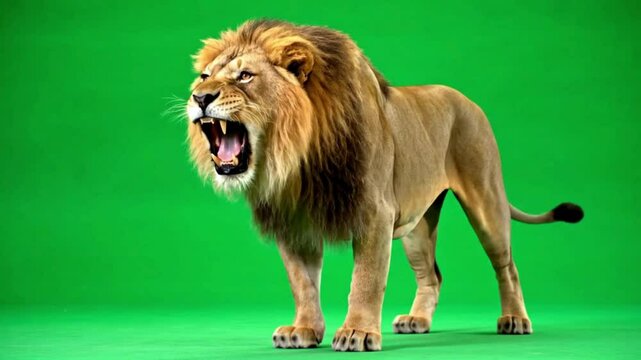 Majestic Male Lion Roaring Aggressively on Green Screen Background