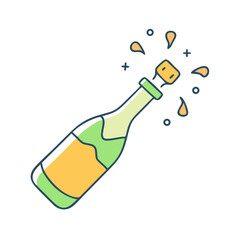 Champagne bottle popping cork with splashing bubbles and drops