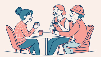 Illustration of friends drinking coffee together at a cafe enjoying conversation and friendship time together