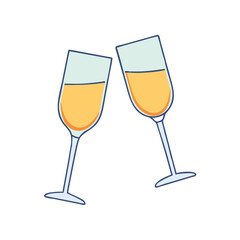 Two champagne glasses clinking in celebration with yellow liquid