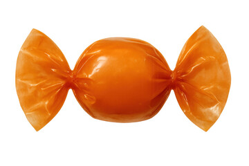 Orange hard candy tightly wrapped in clear cellophane, suspended against transparent backdrop, highlighting sugary confectionery detail