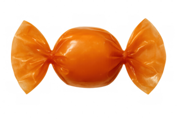 Orange hard candy tightly wrapped in clear cellophane, suspended against transparent backdrop, highlighting sugary confectionery detail
