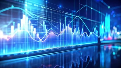 Glowing blue data lines pulse across a grid abstract financial chart background - Powered by Adobe