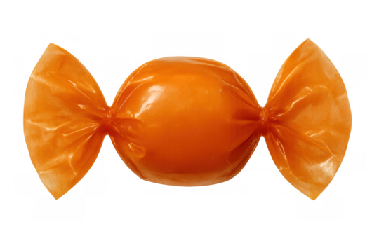Orange hard candy tightly wrapped in clear cellophane, suspended against transparent backdrop, highlighting sugary confectionery detail