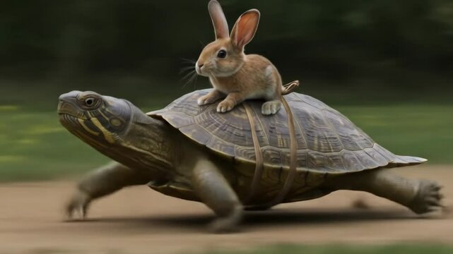 Rabbit Riding a Turtle in a Race - A brown rabbit sits atop a turtle's shell as they race across a dirt path. The turtle is moving quickly, and the rabbit appears to be enjoying the ride.