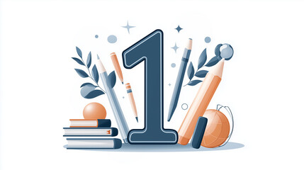Number one with school supplies in flat modern style