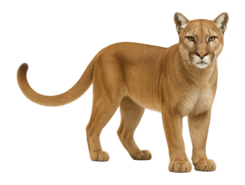 Cougar with smooth, tawny coat and long tail, depicted in standing position